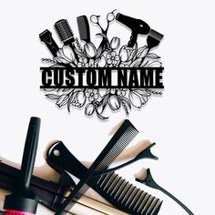 scissors, combs and other hair products are arranged on a white background with the words custom name above them