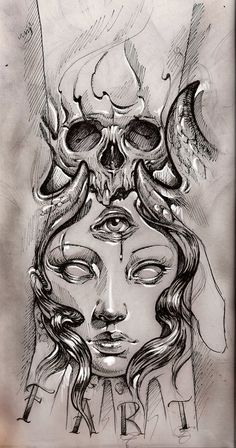 a drawing of a woman's face with horns on her head and eyes closed