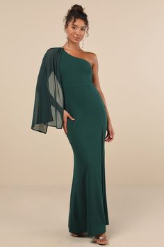 Majestic Attitude Emerald Cape Sleeve One-Shoulder Maxi Dress Drape Shoulder Dress, Wide Shoulders Dresses, Prom Dress Shops, Green Formal Dresses, Dress Shops, One Sleeve Dress, Military Ball Dresses, Black Cape, Long Sleeve Dress Formal