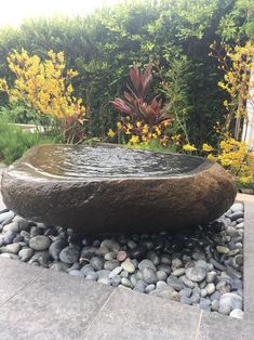 a large stone bowl sitting on top of a pile of rocks next to a lush green bush