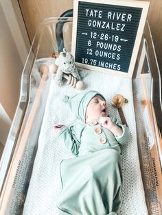 a baby is laying down in a glass box with a sign on it that says tate river gonzozle