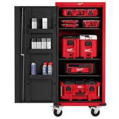 a red tool cabinet filled with tools on wheels