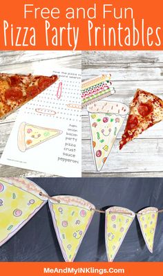 pizza party printables for kids to make with paper plates and bunting on the table