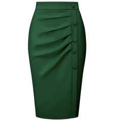 PRODUCT DETAILS: STYLE - Keep your look professional and stylish in this bodycon skirt from INSPIRE CHIC, featuring a high waist, pleated front, and button decor. OUTFIT - Pair with solid shirts and high heels for a chic office look. OCCASION - Focused on Ladies' Semi-Formal Wear - This skirt can be a perfect addition to almost any outfit from formal to daily wear, great for work, meetings, office, businesses, work, parties, cocktails, weddings, casual, daily dressing, etc. Working Skirts Styles, Cheap Stretch Skirt For Office, Cheap Pencil Skirt For Office Wear, Formal Skirts Outfit, Work Outfits Women Office Skirt, Fitted Green Skirt Solid Color, Fitted Knee-length Bottoms In Solid Color, Fitted Knee-length Solid Color Bottoms, Fitted Knee-length Solid Color Mini Skirt