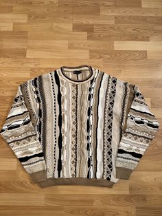 90s Coogi Outfit, Coogie Sweater Inspired Fabric, Arie Brown Sweater, Styling Knitted Sweater, Retro Oversized Crew Neck Outerwear, Retro Knit Crew Neck Outerwear, Retro Brown Crew Neck Outerwear, Vintage Crew Neck Outerwear For Winter, Vintage Sweater For Fall Streetwear