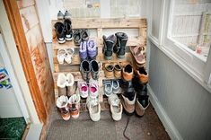 several pairs of shoes are lined up on a wooden shelf in front of a window