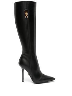 Versace puts its mark on these boots: note the iconic gold-tone Medusa ‘95 hardware that decorates the side. They’re crafted from glossy black leather to a knee-high silhouette. Made in Italy ESTIMATED DELIVERY Jan 23 - Jan 30 Black Boots Aesthetic, Black Heels With Gold, Versace Boots, High Knee Boots, Heels Luxury, Gladiator Boots, Leather Boots Black, Boots High Heels, Luxury Boots