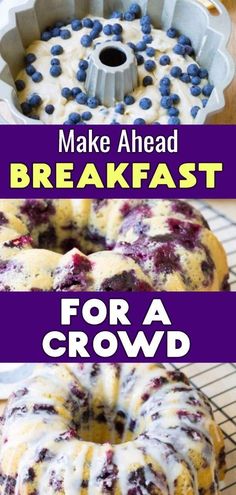 blueberry bundt cake on a cooling rack with the words make ahead breakfast for a crowd