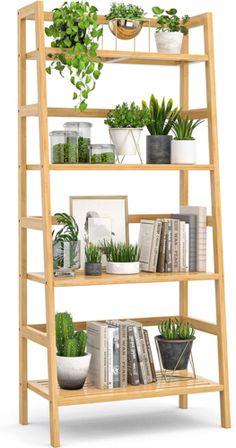 a wooden shelf filled with potted plants and books