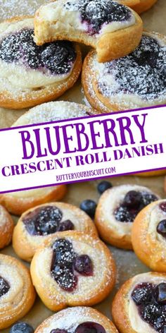 blueberry crescent rolls with powdered sugar on top and in the background, there is a sign that says crescent roll danish