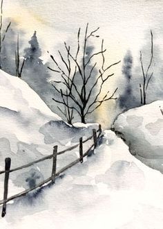 a watercolor painting of a snowy fence and trees