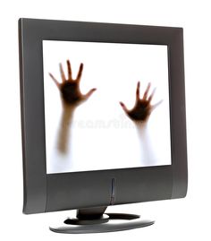 a computer monitor with two hands coming out of the screen royalty images and clippings