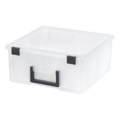 a clear plastic storage box with black handles