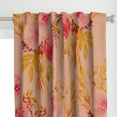 the curtains are closed and ready to be hung in front of an open window with pink flowers on it