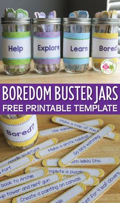 some jars filled with different types of items and the words boredom buster jars are in front of