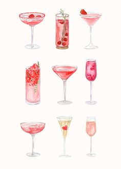 a painting of different types of drinks in glasses with strawberries and cherries on the rims