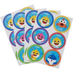 five stickers with cartoon characters on them, each featuring an image of a shark