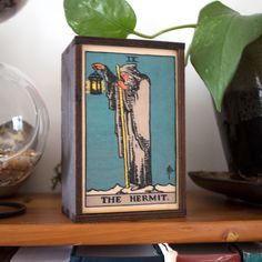 the hermite tarot card on a shelf next to a potted plant