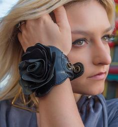 Leather Rose Cuff from Delicious Boutique Diy Leather Rose, Leather Cuff Bracelet Diy, Inuit Clothing, Cuff Bracelets Diy, Leather Jewelry Making, Diy Leather Bracelet, Leather Rose, Leather Jewellery, Leather Scraps