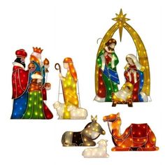 lighted nativity figurines are shown in different colors