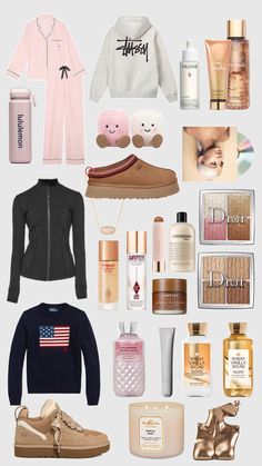 the contents of a woman's wardrobe including shoes, perfumes and other items