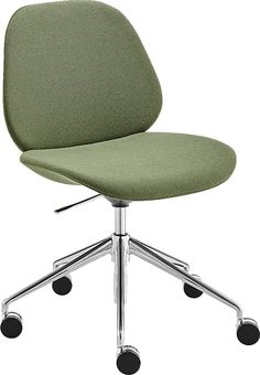 a green office chair with chrome wheels and casteors on an isolated white background,