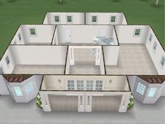 an aerial view of a two story house with lots of windows on the second floor