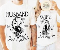 two people standing next to each other wearing t - shirts that read husband and wife just married