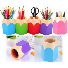 pencils and markers are in the shape of heart shaped containers with colored pencils