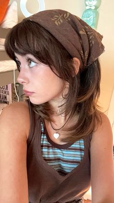 #bandana #hairstyles #bangs #striped #layers #brown #fall Head Scarf Styles With Bangs, Hair Idea With Bandana, 60s Bandana Hairstyles, Curtain Bangs In Ponytail For Sports, Hairstyles For Layed Hair, 2012 Hairstyles, Style Bandana Outfit, Bandana With Bangs, Black Bandana Hairstyle