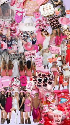 a collage of pink and white photos with lots of women