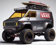 an off - road vehicle with a surfboard on the roof is shown in this image