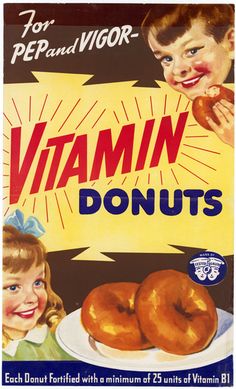 an advertisement for vitamin donuts with two children eating them