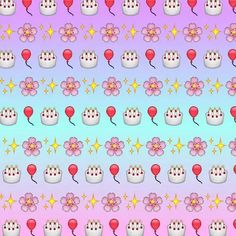 the pattern is made up of different types of cakes and balloons with stars on them