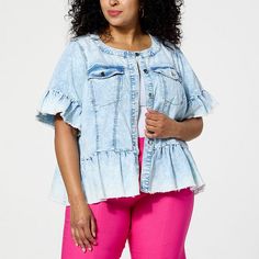 C Wonder by Christian Siriano Short-Sleeve Denim Jacket  This short, ruffle-sleeved denim jacket adds a fun, flattering element to your workday-to-weekend looks. The super-stretch denim provides an easy, comfortable fit you'll love. Medium Wash Short Sleeve Denim Jacket For Summer, Short Sleeve Denim Blue Vest For Spring, Short Sleeve Denim Vest For Spring, Trendy Short Sleeve Denim Jacket For Summer, Spring Medium Wash Short Sleeve Denim Vest, Trendy Short Sleeve Denim Jacket For Spring, Spring Short Sleeve Denim Top With Ruffles, Spring Short Sleeve Denim Jacket With Pockets, Spring Denim Top With Ruffles Short Sleeve