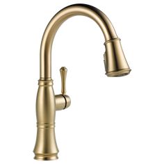 a brass colored kitchen faucet with an angled spout and pull out sprayer