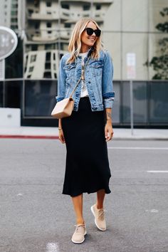 Fashion Jackson Wearing Denim Jacket Graphic Tshirt Black Slip Midi Skirt Tan Sneakers Tan Chanel Handbag 1 Fashion Jackson, Summer Work Outfits, 가을 패션, Fashion Mode, Mode Inspiration, Black Skirt, Street Styles, Outfits Casuales