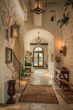 an entry way with stone walls and arched doorways