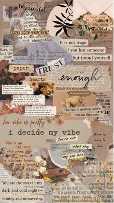 a collage of different types of paper with words and flowers on it, including the word