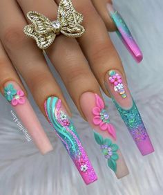 Colourful Nails, Teal Nails, Nude Nail Designs, Long Nail, Colorful Nails, Cute Acrylic Nail Designs, Mermaid Nails