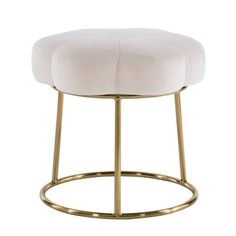 a white stool with gold metal legs and a round cushion on the bottom, sitting in front of a white background