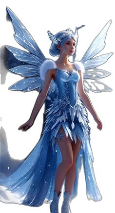 a woman dressed as a fairy with wings and blue dress, standing in front of a white background