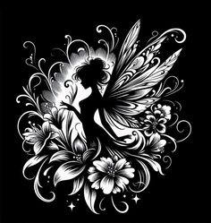 a black and white drawing of a fairy with flowers in her hair on a black background