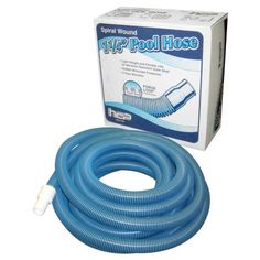 a blue pool hose next to a box