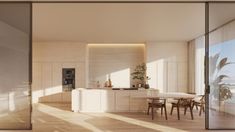 an open kitchen and dining area with sliding glass doors