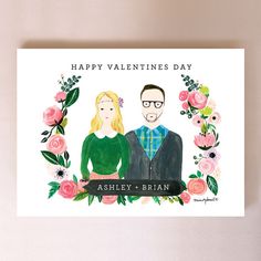 a valentine's day card with an illustration of two people in front of flowers