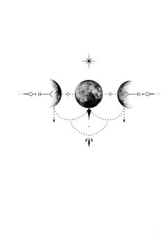 three phases of the moon in black and white, with arrows coming out from them