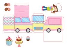 a paper model of a pink ice cream truck with cupcakes and donuts