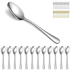 a set of spoons and forks are shown with different sizes, shapes and colors