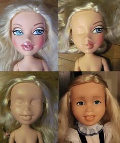 four dolls with blonde hair and blue eyes are shown in three different pictures, one is looking at the camera